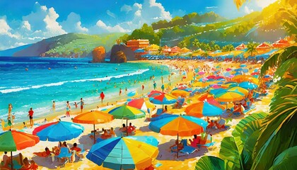 A digital art piece of a vibrant summer beach scene, bright sunshine, people enjoying