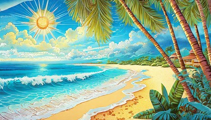 Summer - Art Nouveau- Imagine a sunlit beach scene, with elegant, curving lines and ornate,