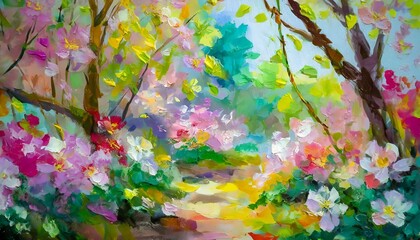 Spring - Impressionist style- Picture a blossoming garden, full of vibrant flowers