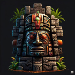 Cartoon aztec totem on black backround