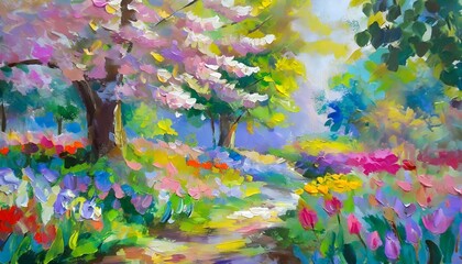 Spring - Impressionist style- Picture a blossoming garden, full of vibrant flowers - obrazy, fototapety, plakaty