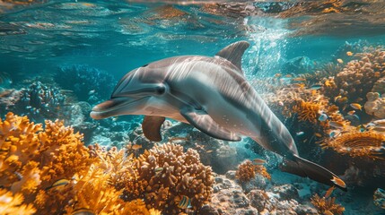 Electric blue dolphin gliding underwater near a coral reef