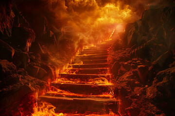 A fantastical artwork depicts a staircase engulfed in flames, ascending into a dense fiery mist above.