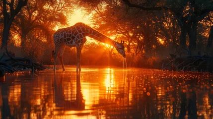 Selbstklebende Fototapeten Giraffe sips water at river at sunset, under beautiful sky © Yuchen