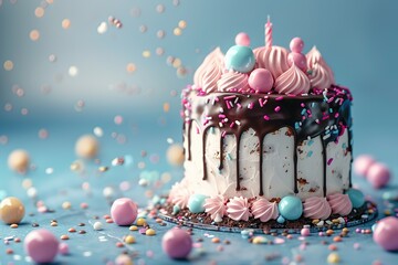 Birthday cake with colorful Sprinkles over a blue background