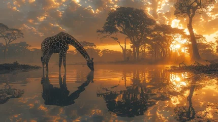 Keuken spatwand met foto A giraffe drinks water from a river at sunset in a natural landscape ecoregion © Yuchen