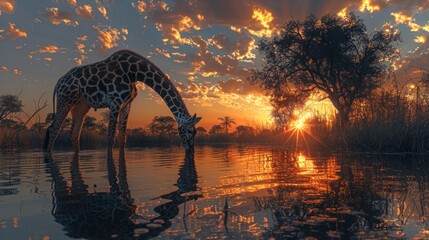 a giraffe is drinking water from a river at sunset