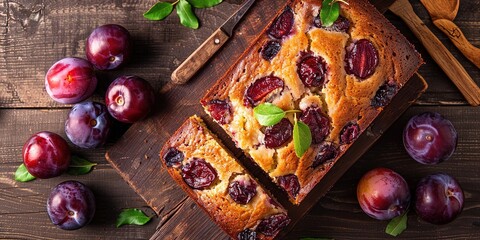 Rustic plum cake on wooden background with plums around. Plum pie concept