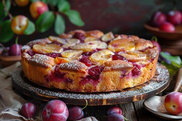 Rustic plum cake on wooden background with plums around. Plum pie concept