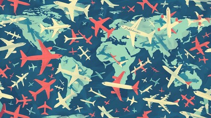 A seamless background filled with airplane destinations invokes the concept of adventure time, suggesting continuous travel possibilities - obrazy, fototapety, plakaty