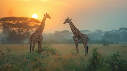 Giraffidae grazing peacefully in natural landscape at sunset