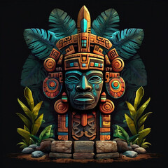 Cartoon aztec totem on black backround