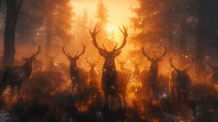 Foto op Canvas A group of deer gathers by the fire in the natural landscape © Yuchen