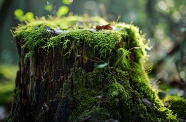 Moss-Covered Tree Stump in a Sunlit Forest - obrazy, fototapety, plakaty