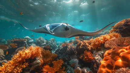 Fototapeten Cartilaginous fish gliding over coral reef in underwater world © Yuchen