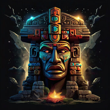 Cartoon aztec totem on black backround