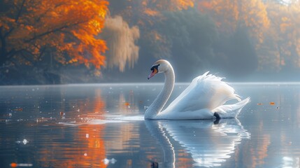 Swan gliding gracefully on a serene lake, surrounded by trees in the background