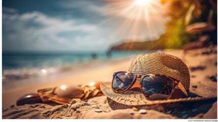 Beachside serenity with straw hat and sunglasses. Sunglasses and hat on tropical sandy beach, summer vibes. Sunhat on sandy beach, beach life, vacations and travel - obrazy, fototapety, plakaty