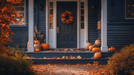 Autumn themed entrance, front door with pumpkins and wreathe - obrazy, fototapety, plakaty