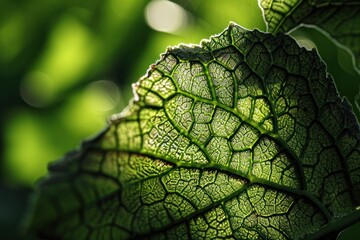 Close-up of a Green Leaf with Veins Illuminated by Sunlight - obrazy, fototapety, plakaty