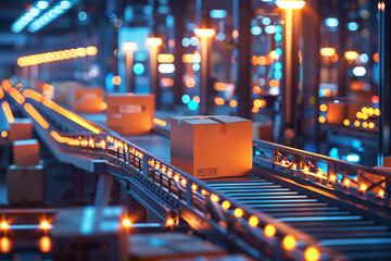 Futuristic Automated Warehouse Conveyor System in Operation at Night