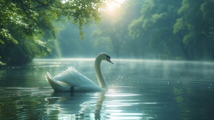 A bird swims gracefully in a sunlit lake surrounded by trees - obrazy, fototapety, plakaty