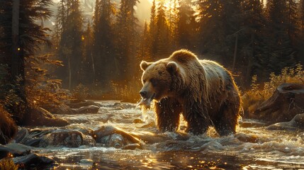 A carnivorous brown bear stands in the river within a natural wooded landscape - obrazy, fototapety, plakaty