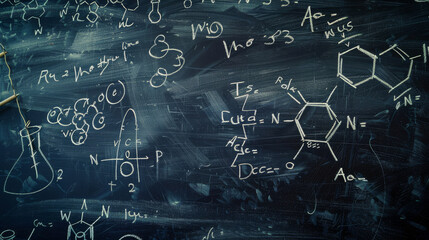 Science Blackboard background with Scientific equations written in white chalk. Ideal for text overlay, graphic design and web backgrounds.
