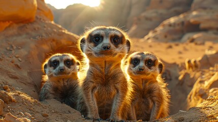 A group of meerkats is perched on a dirt hill in their natural habitat