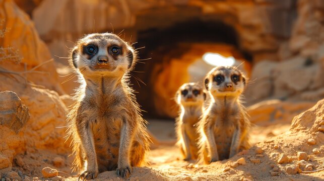 Three meerkats with fawn fur are sitting in front of a cave in the sandy soil