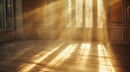 Room, flooded with sunlight streaming in through large windows.