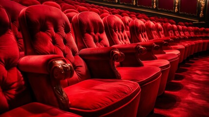Rows of red velvet theater seats.