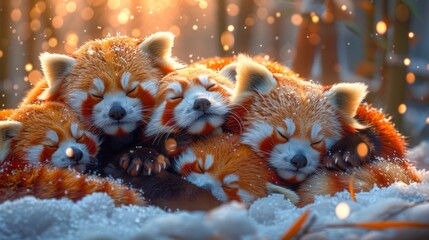 Carnivore group of red pandas sleeping in snowy landscape