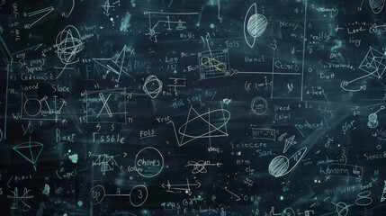 Background Blackboard covered in complex mathematical equations and diagrams, symbolizing problem-solving, innovation, and analysis