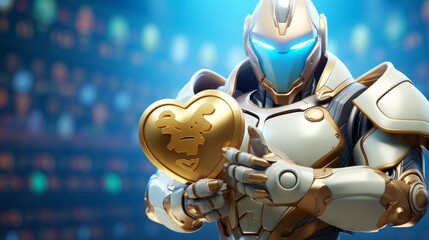 Fototapeta premium White robot with a heart of gold in his hand, blue gradient background, banner with copy space