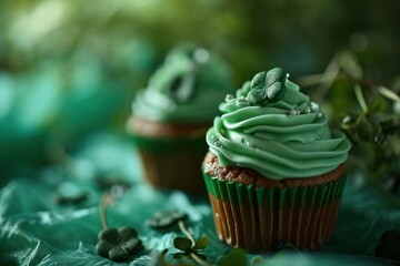 Delicious cupcakes with green frosting decorated with shamrocks - obrazy, fototapety, plakaty