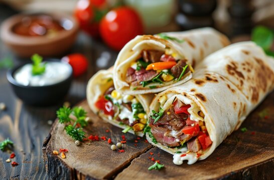 Delicious Grilled Steak Burritos on Rustic Wooden Board