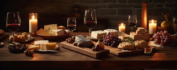 the charm of a wine and cheese arrangement with soft evening lighting, warm color temperature, and a serene ambiance, highlighting the 