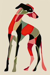 Obraz premium Full body silhouette of a beautiful Italian greyhound, mid century modern, woodcut style, silkscreen style, illustration made with generative AI