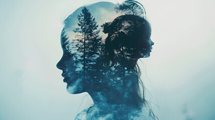 
Profile of a woman with a child on her head, concept of mental health, double exposure