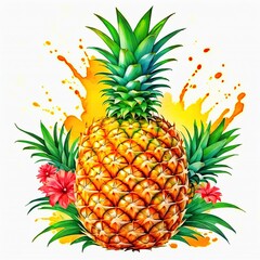 Watercolour, Isolated Pineapple on a white background