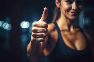 A woman confidently gives a thumbs up gesture in low light