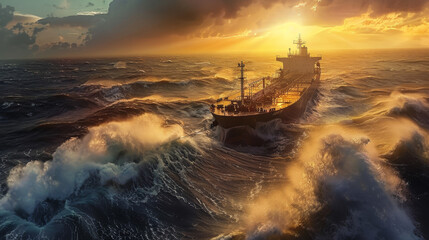 Oil tanker in rough seas with dramatic sunset in the background