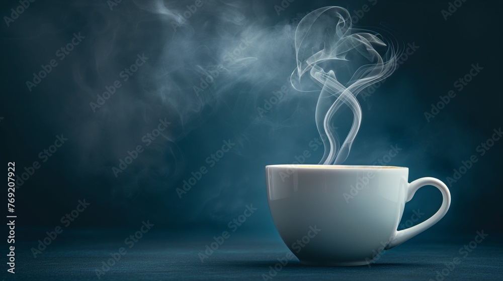 Wall mural White cup filled with hot coffee, emitting steam.