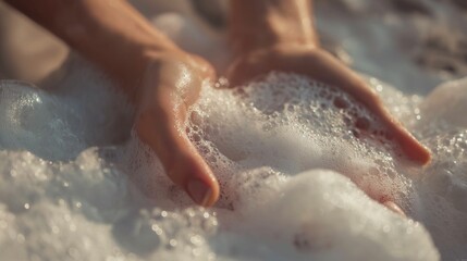 Fototapeta premium Woman's hands covered in luxurious foam.