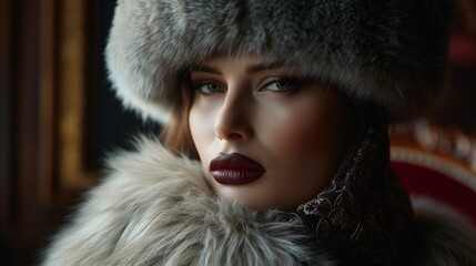 Woman adorned in an elegant fur hat and scarf.