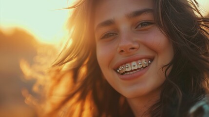 Young woman with a bright smile and braces on her teeth.