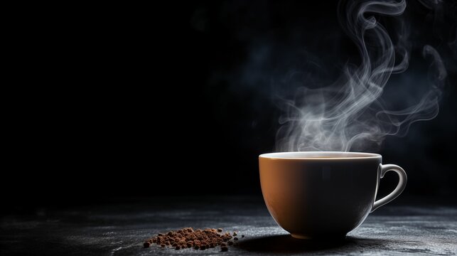 White cup filled with hot coffee, emitting steam.