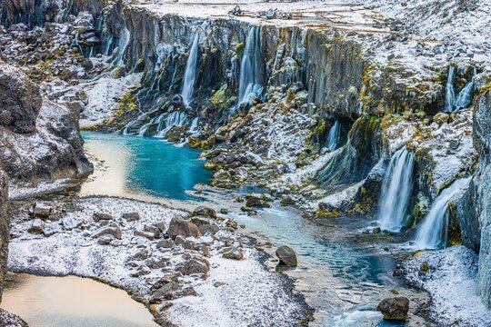 Hrauneyjarfoss waterfalls, onset of winter, Sudurland Iceland