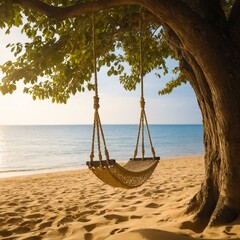 Rope swing under a tree on the beach. Generative AI